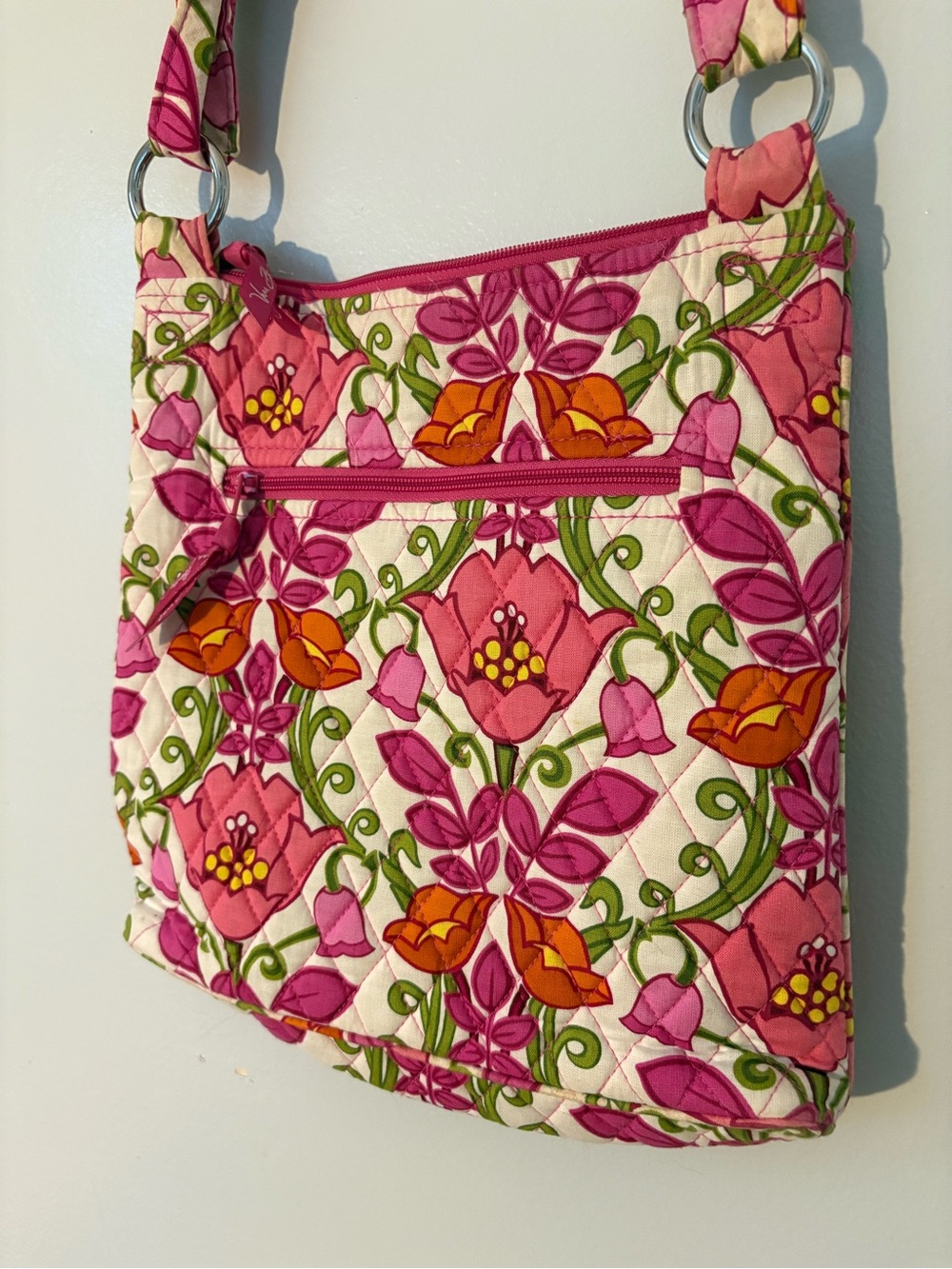 Vera Bradley Pink Floral Quilted Crossbody with Green/Orange Accents